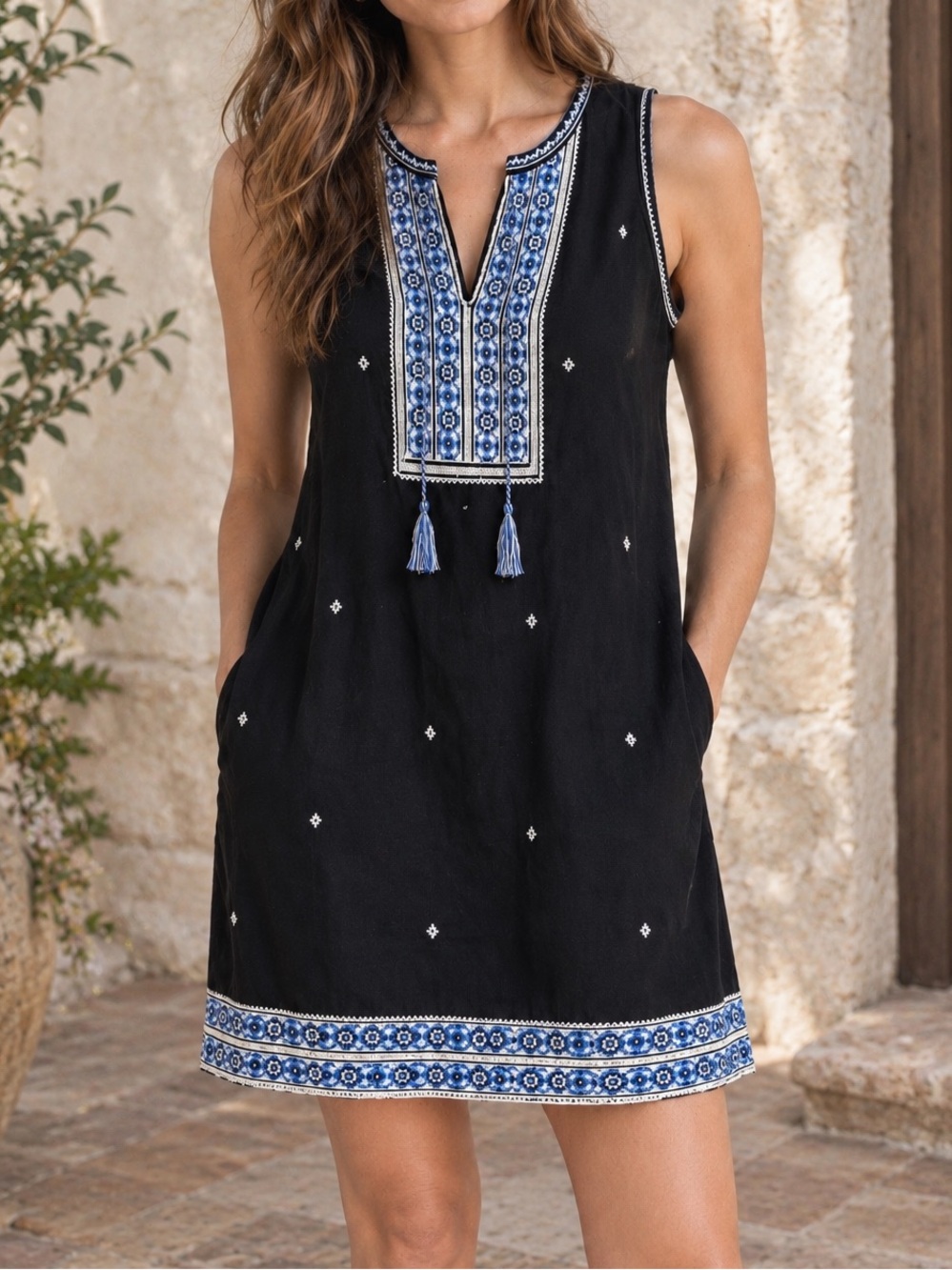 Madewell Suncoast Sleeveless Embroidered Dress Tank Small 4 Black Cotton Tassel